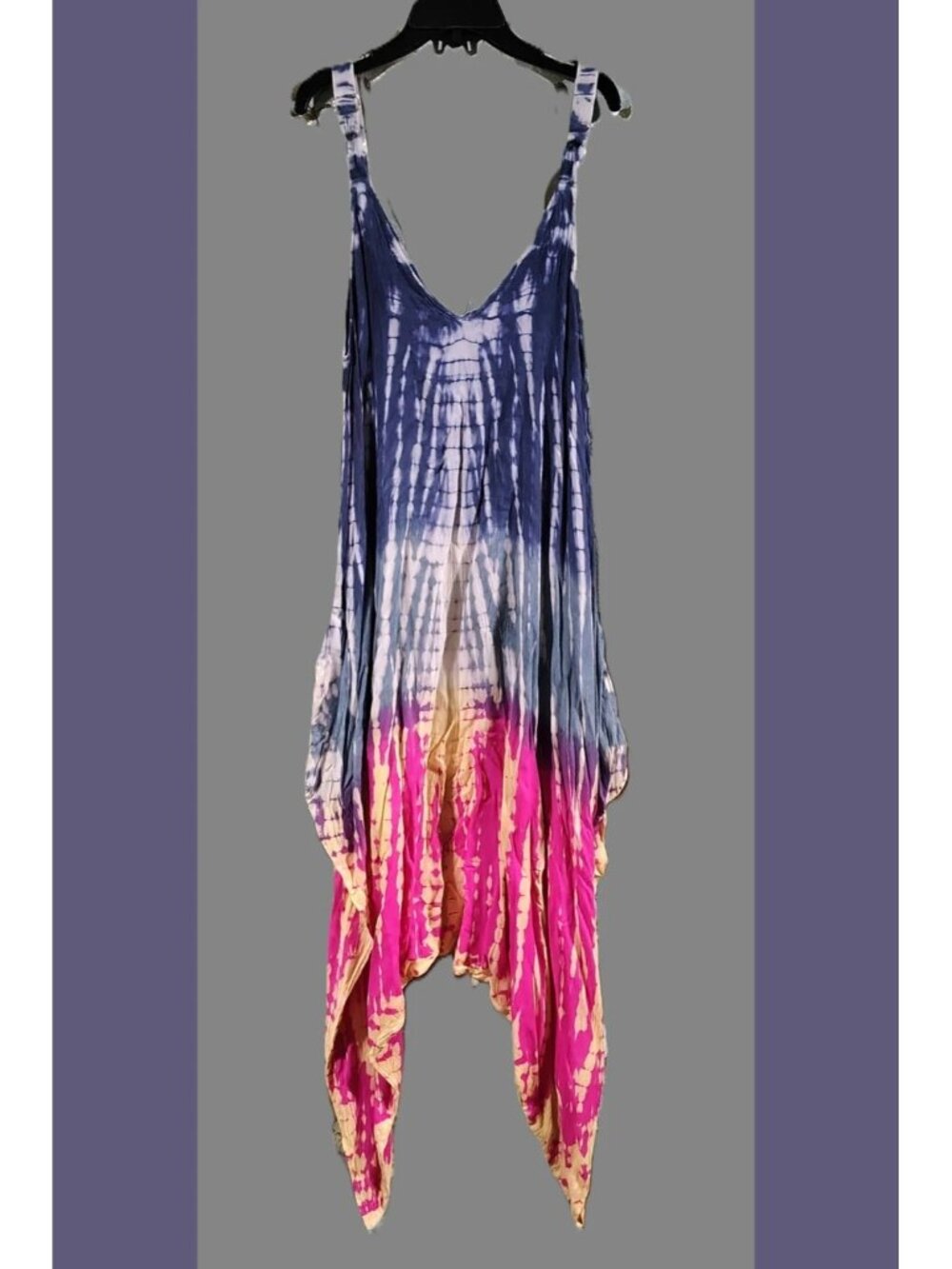 Multicolor TieDye Harem Jumpsuit Sleeveless Adjustable Straps Pockets VNeck L XL